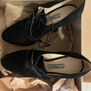 Prada black suede leather vintage bulky wedge ankle boots